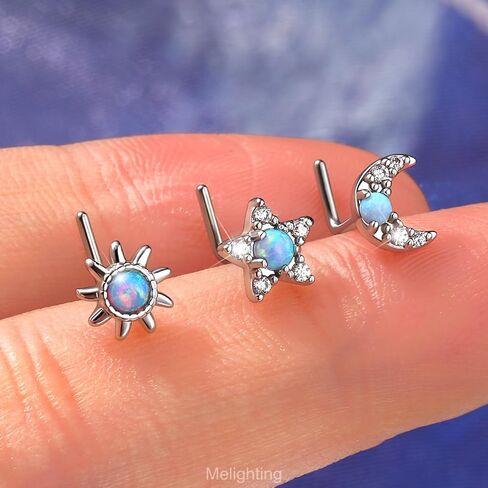 Meiighting 3pcs 20g مجموعة خاتم الأنف على شكل حرف L ، نجم 7 ملم وأزرار أنف القمر ، الفولاذ المقاوم للصدأ 316 لتر مع أوبال أبيض وزركون ، مجوهرات ثقب الأنف السماوية للنساء in Saudi Arabia