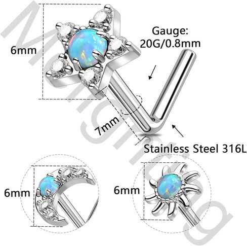 Meiighting 3pcs 20g مجموعة خاتم الأنف على شكل حرف L ، نجم 7 ملم وأزرار أنف القمر ، الفولاذ المقاوم للصدأ 316 لتر مع أوبال أبيض وزركون ، مجوهرات ثقب الأنف السماوية للنساء in Saudi Arabia