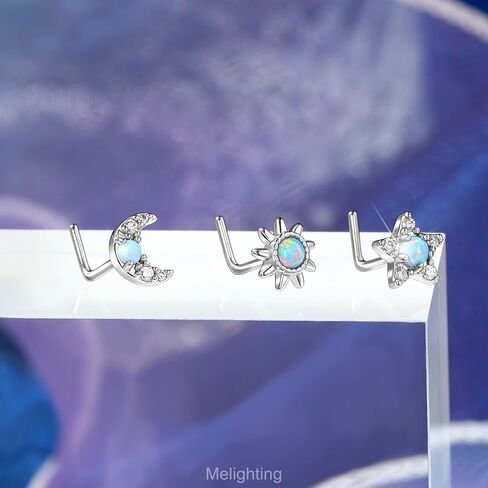 Meiighting 3pcs 20g مجموعة خاتم الأنف على شكل حرف L ، نجم 7 ملم وأزرار أنف القمر ، الفولاذ المقاوم للصدأ 316 لتر مع أوبال أبيض وزركون ، مجوهرات ثقب الأنف السماوية للنساء in Saudi Arabia