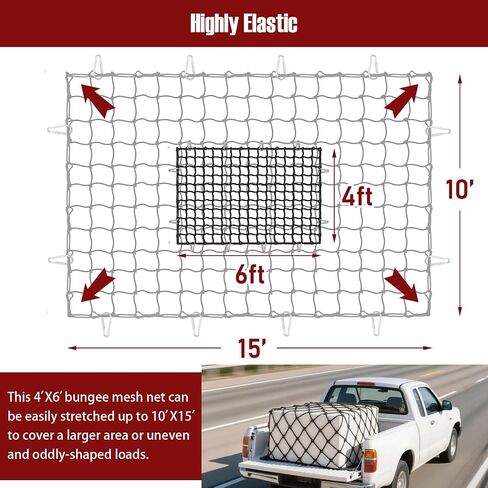 2 Pack Cargo Net for Pickup Truck Bed, 4' x 6' Heavy Duty Bungee Mesh, Simple Car Cargo Mesh Organizer with 24 Hooks Suitable for Pickup Truck Bed, SUV, Small Trailer Cargo in Saudi Arabia