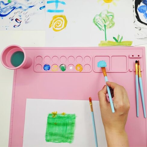 Generic Silicone Painting mat for Kids, Silicone Painting Mat, Handmade erasable Washable, Silicon and Drawing mat, 20""x16"" Silicone Art Mat with 1 Water Cup and 10 Brushes (Blue) in Saudi Arabia