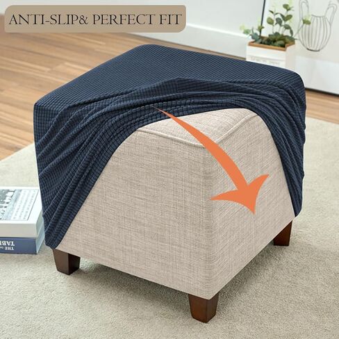 Ottoman Cover Square Storage Ottoman Slipcover Jacquard Stretch Footrest Stool Covers with Elastic Band Cube Storage Stool Ottoman Covers Footstool Sliocovers Protection Navy in Kuwait