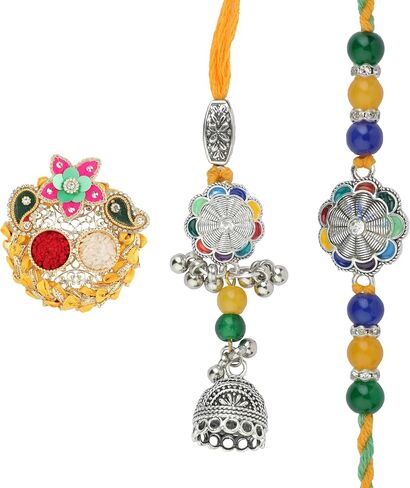 Rakhi For Brother Set of 2 Rakhi Lumba Set for Bhai Bhaiya Veera Thread Bracelet Dora for Rakhee gift Card pack with Tilak Holder Copra Kumkum Plate Platter for Indian Traditional Festival(Yellow) in Saudi Arabia