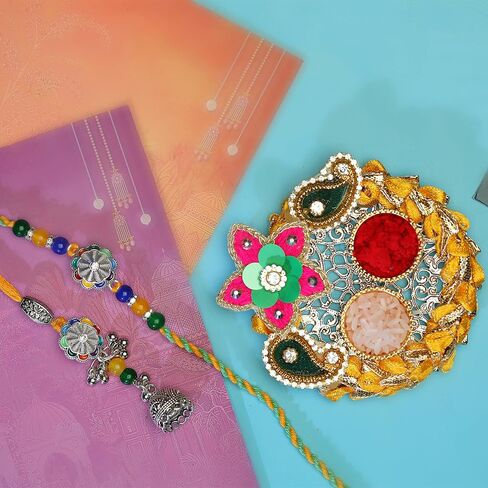 Rakhi For Brother Set of 2 Rakhi Lumba Set for Bhai Bhaiya Veera Thread Bracelet Dora for Rakhee gift Card pack with Tilak Holder Copra Kumkum Plate Platter for Indian Traditional Festival(Yellow) in Saudi Arabia