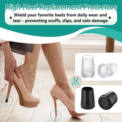 16 Pairs (32 Pcs) High Heel Replacement Protectors - Round High Heel Caps for Women's Shoes, Heel Covers in 2 Colors (Black/Clear) & 4 Sizes (XS/S/M/L), Perfect for Wedding, Party, Outdoor Events in Saudi Arabia