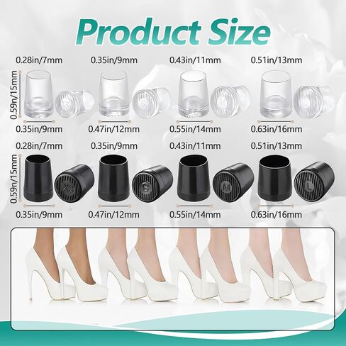 16 Pairs (32 Pcs) High Heel Replacement Protectors - Round High Heel Caps for Women's Shoes, Heel Covers in 2 Colors (Black/Clear) & 4 Sizes (XS/S/M/L), Perfect for Wedding, Party, Outdoor Events in Saudi Arabia