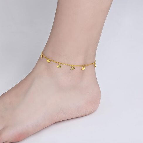 18K Gold Anklet Shell Charm Anklets Real Gold Beads Link Chain Ankle Bracelet Beach Foot Jewelry for Women Ladies Mother Couples Lovers Birthday Aniversary 8.3-9.1Inch/21+2cm KH080885 in Saudi Arabia