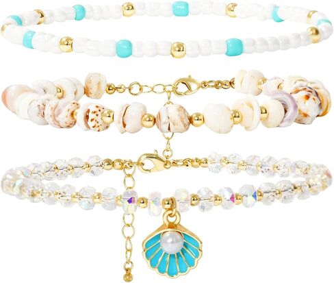 Shell Anklet Bracelets for Women 14K Gold Boho Bead Anklet Adjustable Womens Anklets Stretch Summer Beach Shell Drawstring Starfish Daisy Anklets Accessories Jewelry Gifts in Kuwait