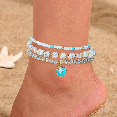 Shell Anklet Bracelets for Women 14K Gold Boho Bead Anklet Adjustable Womens Anklets Stretch Summer Beach Shell Drawstring Starfish Daisy Anklets Accessories Jewelry Gifts in Kuwait