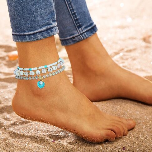 Shell Anklet Bracelets for Women 14K Gold Boho Bead Anklet Adjustable Womens Anklets Stretch Summer Beach Shell Drawstring Starfish Daisy Anklets Accessories Jewelry Gifts in Kuwait