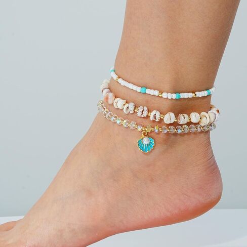 Shell Anklet Bracelets for Women 14K Gold Boho Bead Anklet Adjustable Womens Anklets Stretch Summer Beach Shell Drawstring Starfish Daisy Anklets Accessories Jewelry Gifts in Kuwait