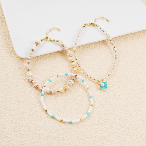 Shell Anklet Bracelets for Women 14K Gold Boho Bead Anklet Adjustable Womens Anklets Stretch Summer Beach Shell Drawstring Starfish Daisy Anklets Accessories Jewelry Gifts in Kuwait