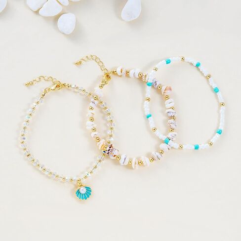 Shell Anklet Bracelets for Women 14K Gold Boho Bead Anklet Adjustable Womens Anklets Stretch Summer Beach Shell Drawstring Starfish Daisy Anklets Accessories Jewelry Gifts in Kuwait