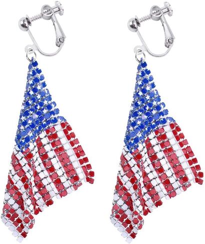 Independence Day USA Flag Clip on Earrings for Women American Flag Clip on Earrings No Pierced Red White and Blue Layered Tassel Earrings Patriotic Day Party, Silver tone in Saudi Arabia