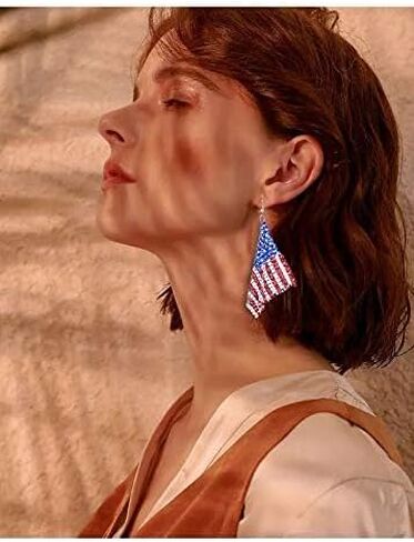Independence Day USA Flag Clip on Earrings for Women American Flag Clip on Earrings No Pierced Red White and Blue Layered Tassel Earrings Patriotic Day Party, Silver tone in Saudi Arabia