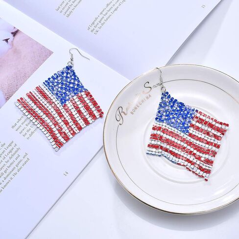 Independence Day USA Flag Clip on Earrings for Women American Flag Clip on Earrings No Pierced Red White and Blue Layered Tassel Earrings Patriotic Day Party, Silver tone in Saudi Arabia