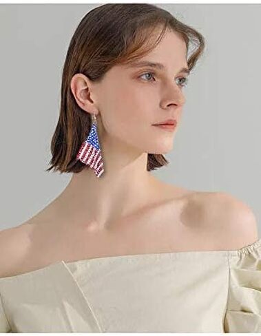Independence Day USA Flag Clip on Earrings for Women American Flag Clip on Earrings No Pierced Red White and Blue Layered Tassel Earrings Patriotic Day Party, Silver tone in Saudi Arabia