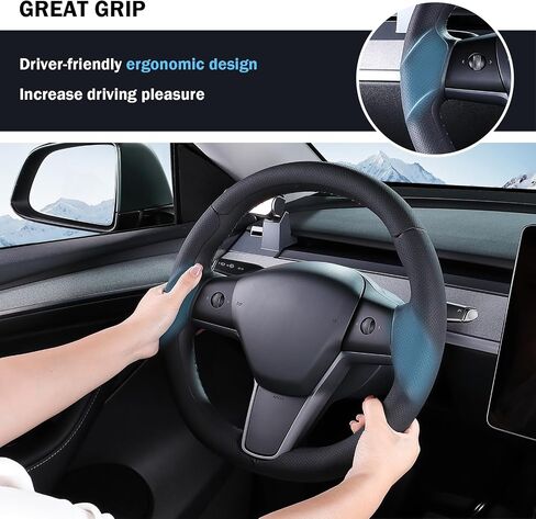 غطاء عجلة القيادة لـ Tesla Model 3 (2017-2023) / Model Y (2020-2024) ، مضاد للانزلاق ، قبضة مريحة ، قابلة للتنفس ، مخصصة لملحقات Tesla Model 3 / Y ، Nappa Black in Kuwait