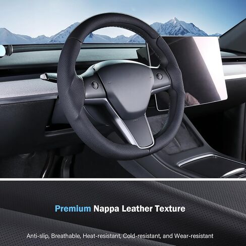 غطاء عجلة القيادة لـ Tesla Model 3 (2017-2023) / Model Y (2020-2024) ، مضاد للانزلاق ، قبضة مريحة ، قابلة للتنفس ، مخصصة لملحقات Tesla Model 3 / Y ، Nappa Black in Kuwait