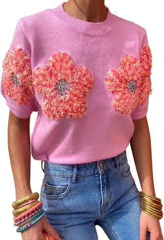Womens Short Sleeve Flower Sweater Tops Crewneck Pullover Shirt Lightweight Knit Summer Cute Sweaters Blouse in Saudi Arabia