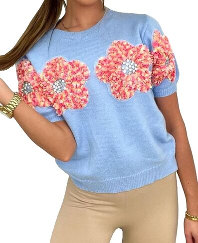 Womens Short Sleeve Flower Sweater Tops Crewneck Pullover Shirt Lightweight Knit Summer Cute Sweaters Blouse in Saudi Arabia