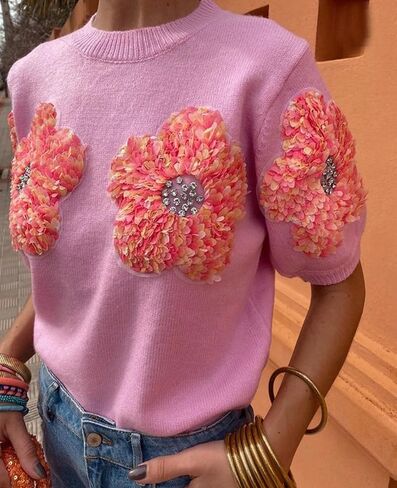 Womens Short Sleeve Flower Sweater Tops Crewneck Pullover Shirt Lightweight Knit Summer Cute Sweaters Blouse in Saudi Arabia