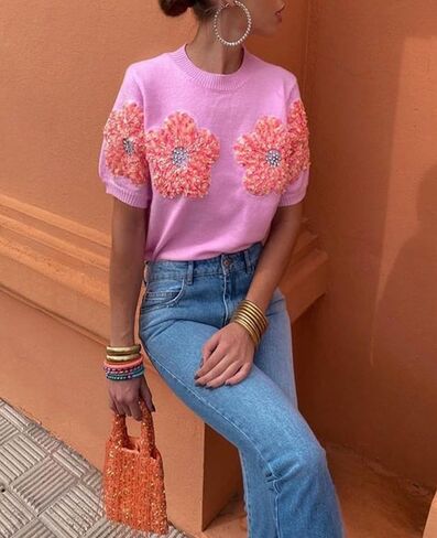 Womens Short Sleeve Flower Sweater Tops Crewneck Pullover Shirt Lightweight Knit Summer Cute Sweaters Blouse in Saudi Arabia