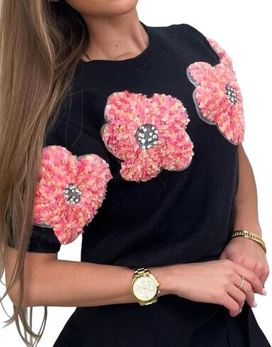 Womens Short Sleeve Flower Sweater Tops Crewneck Pullover Shirt Lightweight Knit Summer Cute Sweaters Blouse in Saudi Arabia
