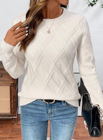 SHEWIN Sweaters for Women Crewneck Long Sleeve Cable Knit Solid Warm Pullover Sweater Tops in Kuwait