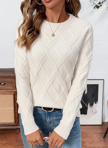 SHEWIN Sweaters for Women Crewneck Long Sleeve Cable Knit Solid Warm Pullover Sweater Tops in Kuwait