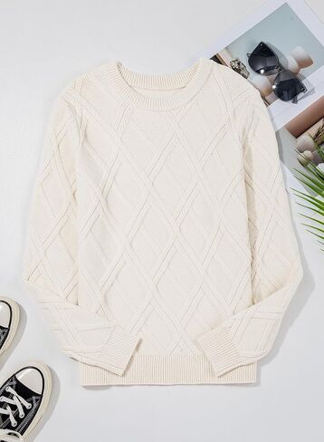 SHEWIN Sweaters for Women Crewneck Long Sleeve Cable Knit Solid Warm Pullover Sweater Tops in Kuwait