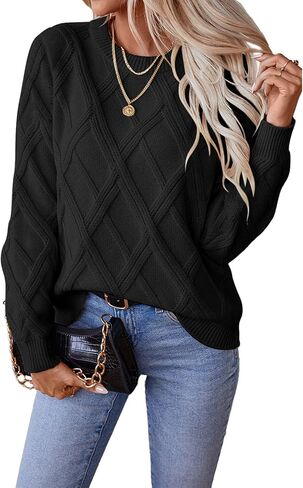 SHEWIN Sweaters for Women Crewneck Long Sleeve Cable Knit Solid Warm Pullover Sweater Tops in Kuwait