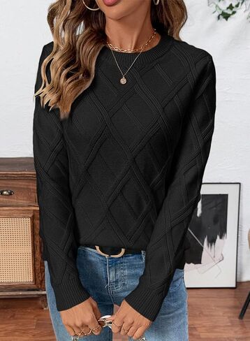 SHEWIN Sweaters for Women Crewneck Long Sleeve Cable Knit Solid Warm Pullover Sweater Tops in Kuwait