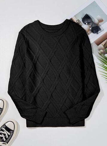 SHEWIN Sweaters for Women Crewneck Long Sleeve Cable Knit Solid Warm Pullover Sweater Tops in Kuwait