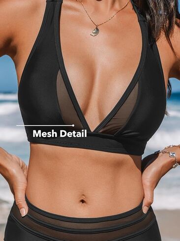 CUPSHE Women's Bikini Sets Halter V Neck Tie Back Bathing Suit Mesh Panel High Waisted Bottom in Kuwait