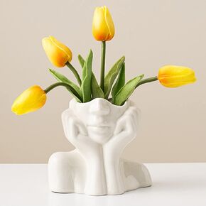 White Ceramic Face Vase, Female Form Head Half Body Bust Vases Boho Feminist Minimalism Decorative Modern Nordic Style Flower Vase for Home Living Room Office Book Shelf Decor (Medium) in Saudi Arabia