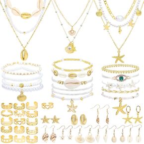NEWITIN 49 Pieces Gold Jewelry Set for Women Boho Beach Jewelry Set Summer Ocean Seashell Starfish Necklaces Bracelets Toe Rings Earrings for Women in Saudi Arabia
