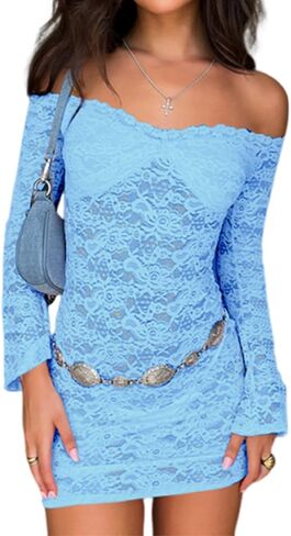 Women Sexy Off Shoulder Floral Lace Bodycon Mini Dress Y2K Flared Sleeves Short Dress Mesh Sheer Night Out Dresses in Kuwait