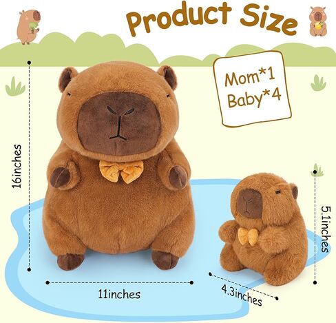Achwishap 5PCS Capybara Plush,Capybara Stuffed Animal Mommy with 4 Capybara Babies Plush Toy,Cute Plushie Capybara Hugging Pillow Cuddle Plushie for Kids Girls Boys Gifts(Capybara Family,16",Brown) in Kuwait