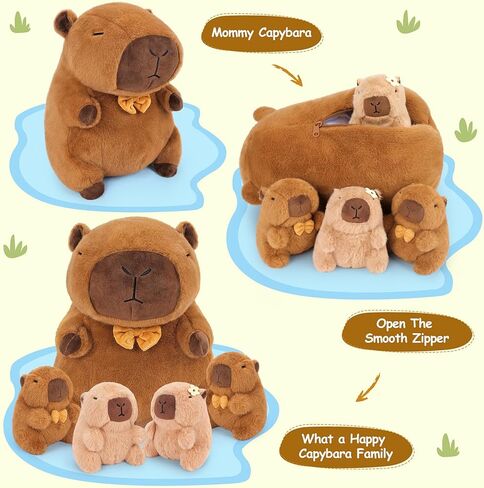 Achwishap 5PCS Capybara Plush,Capybara Stuffed Animal Mommy with 4 Capybara Babies Plush Toy,Cute Plushie Capybara Hugging Pillow Cuddle Plushie for Kids Girls Boys Gifts(Capybara Family,16",Brown) in Kuwait