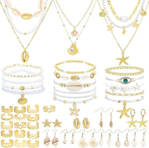 NEWITIN 49 Pieces Gold Jewelry Set for Women Boho Beach Jewelry Set Summer Ocean Seashell Starfish Necklaces Bracelets Toe Rings Earrings for Women in Saudi Arabia