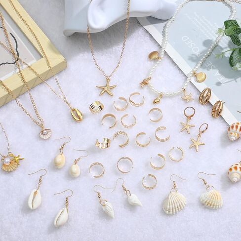 NEWITIN 49 Pieces Gold Jewelry Set for Women Boho Beach Jewelry Set Summer Ocean Seashell Starfish Necklaces Bracelets Toe Rings Earrings for Women in Saudi Arabia