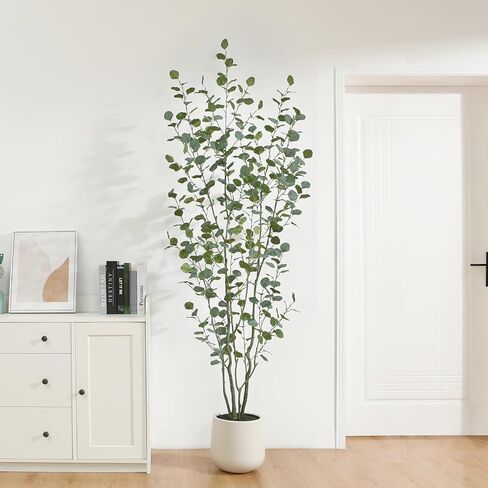 Artificial Eucalyptus Tree, 6ft Tall Fake Silk Plants for Indoor Home Decor, Large Faux Eucalyptus Tree with 10.5 in White Planter for Office Home Living Room Decor, 1 Pack in Kuwait