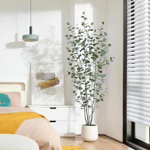 Artificial Eucalyptus Tree, 6ft Tall Fake Silk Plants for Indoor Home Decor, Large Faux Eucalyptus Tree with 10.5 in White Planter for Office Home Living Room Decor, 1 Pack in Kuwait