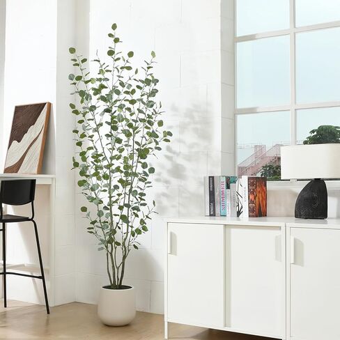 Artificial Eucalyptus Tree, 6ft Tall Fake Silk Plants for Indoor Home Decor, Large Faux Eucalyptus Tree with 10.5 in White Planter for Office Home Living Room Decor, 1 Pack in Kuwait