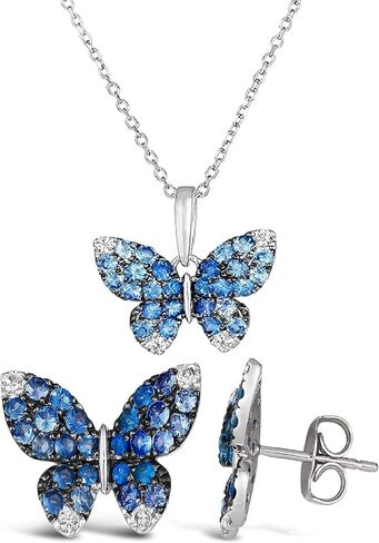 Le Vian White و Blue الياقوت الفراغية الأقراط وقلادة قلادة للنساء أنا 14K المجوهرات الذهب الأبيض مجموعة دفع الأزرار أنا 18 بوصة قلادة طويلة السلسلة in Saudi Arabia