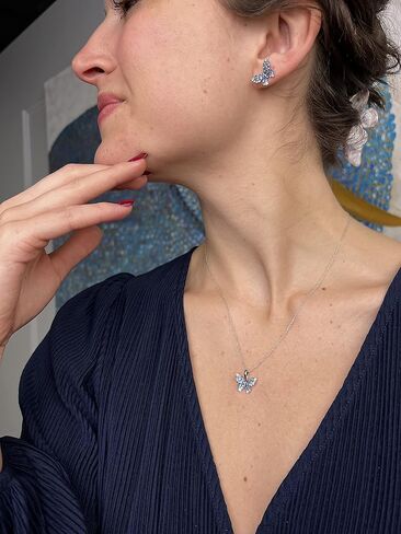 Le Vian White و Blue الياقوت الفراغية الأقراط وقلادة قلادة للنساء أنا 14K المجوهرات الذهب الأبيض مجموعة دفع الأزرار أنا 18 بوصة قلادة طويلة السلسلة in Saudi Arabia