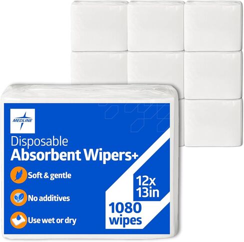 Medline Absorbent Wipers+ Disposable Heavy Duty Dry Wipes, 12" x 13" (90 Count, Pack of 1) in Kuwait