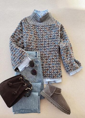 Sweaters for Women Floral Mock Neck Loose Long Sleeve Cable Knit Pullover 2025 Fall Winter Fashion Outfits in Saudi Arabia