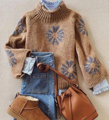 Sweaters for Women Floral Mock Neck Loose Long Sleeve Cable Knit Pullover 2025 Fall Winter Fashion Outfits in Saudi Arabia